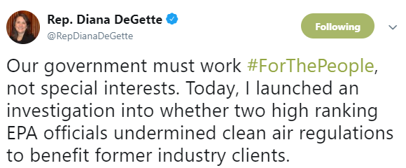Tweet: EPA undermined clean air regulations to benefit former industry clients