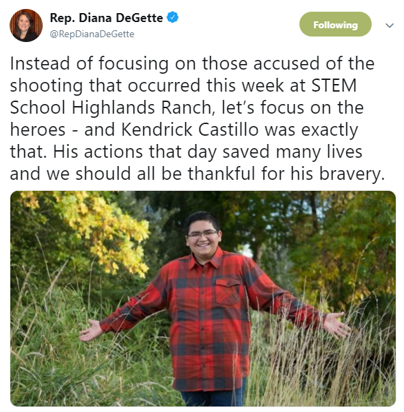 Tweet: Kendrick Castillo, who lost his life protecting his classmates at STEM School