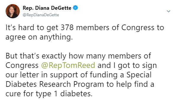 Tweet: 378 members of Congress sign letter funding Diabetes research program
