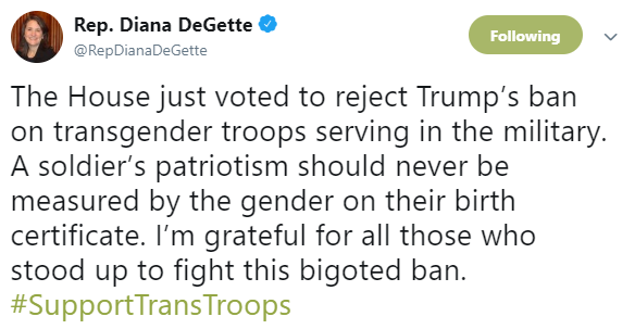 Tweet:  resolution to reject Trump’s discriminatory ban on transgender